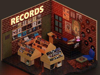 Record store 3d blender interio design interior isometric isometric room record store records store