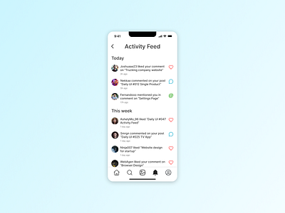 DailyUI #047 Activity Feed activity activity feed blue comment daily ui dailyui design feed like mobile notification notifications ui