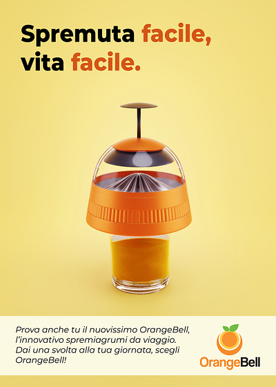 OrangeBell 3d blender design graphic design illustration juice juicer logo manifest model orange poster simple travel yellow