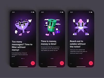 Gen Z retro-future style onboarding screens app app design apple brutalism dark design illustration intro ios iphone mobile onboarding retro style