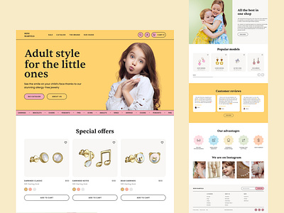 Mini Marvels | Home page of jewelry store banner features home page jewelry kids landing product card shop store teens testimonials ui ui design