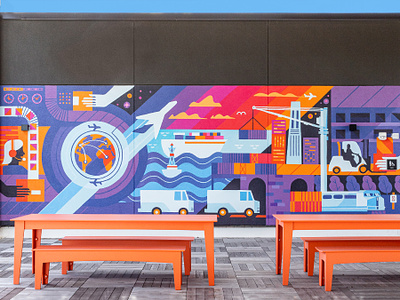 FedEx Logistics Rooftop Murals boat fedex illustration logistics mural orange plane purple train transport