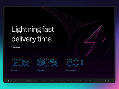 coProduct.co - Agency Landing Page Exploration ⚡️✨💎 agency animation blue dark mode design flash framer freelance glossy glow interaction landing page pink purple shine shiny star ui user experience ux