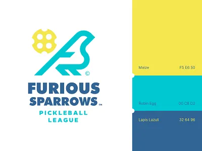 Furious Sparrows Pickleball angry animal athletic ball bird brand colors dynamic emblem furious league logo monoline pickleball sparrow sports sun tennis