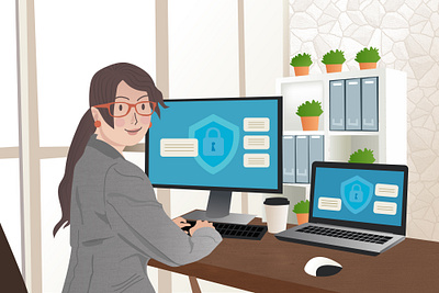 Security Woman business woman clean flat character green illustration lapop professional security