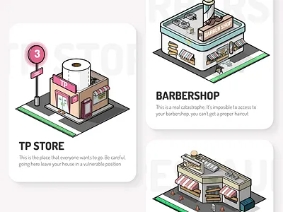 TP PANIC! | Game's Buildings app barbershop buildings city covid design graphic design graphics illustration isometric pandemic slides store ui
