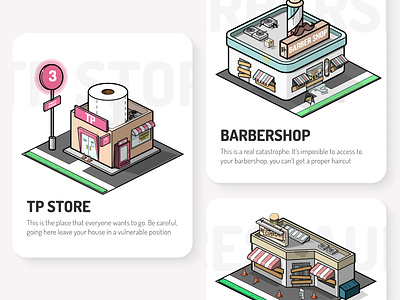 TP PANIC! | Game's Buildings app barbershop buildings city covid design graphic design graphics illustration isometric pandemic slides store ui