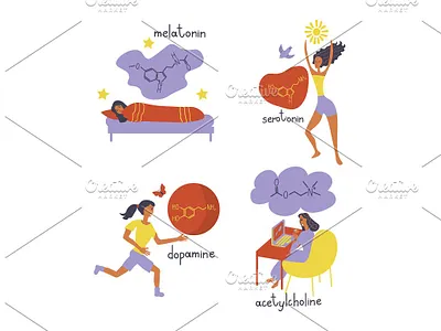 Neurotransmitters illustration acetylcholine activites biochemistry dopamine illustration melanin neuroscience neurotransmitter psychology serotonin vector woman