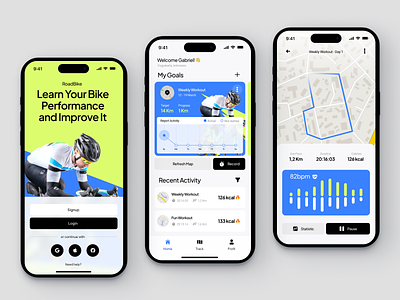 RoadBike - Bicycle Tracker bicycle app bike app bike goals bike tracker concept design fun ride ios mobile mobile app mobile ui ui ui design uiux user interface