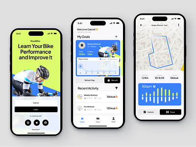 RoadBike - Bicycle Tracker bicycle app bike app bike goals bike tracker concept design fun ride ios mobile mobile app mobile ui ui ui design uiux user interface