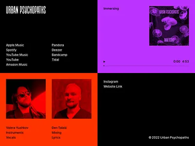 Urban Psychopaths Website artist band black color blocking css html indie landing layout listening music player purple red rock rock band streaming violet website