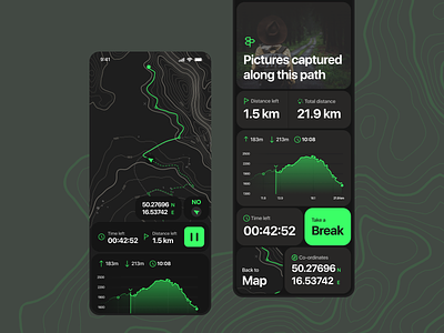 The right path 🗺️ android app bushcraft co-ordinates compass dark mode hero illustration ios map mountains navigation path photo time travel trip ui ux website