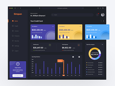 Simpan - Money Management Dashboard analytics card clean credit dark dashboard debit design dollar interface landing page manage management minimal money mood spending ui ui design ui ux