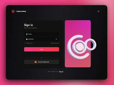 Login Page - Collective Pad 3d animation app design bitcoin crypto dark form gradient interface login metamask red sign in sign up ui ux web app design