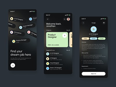 Job Finder Application android application clean creative dark mode design finder gradient ios job minimal mobile ui ux