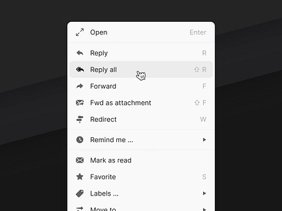 Email client - Contextual menu apple component components contextual menu custom dashboard design system email iconography icons interface menu popup product design reply saas spark ui ux web design
