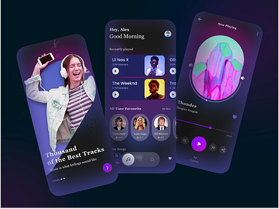 Melodious Music Streaming App Design🎵 album app design dark ui listen music melody mobile app design mobile ui music music app music player music streaming app music ui kit playlist song streaming sound spotify streaming app