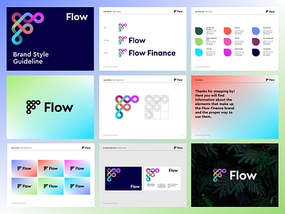 Flow Brand Style Guideline blockchain brand brandbook branding business cards crypto f finance fintech flow gradient growth icon logo logo designer logo icon mark monogram responsive logo technology