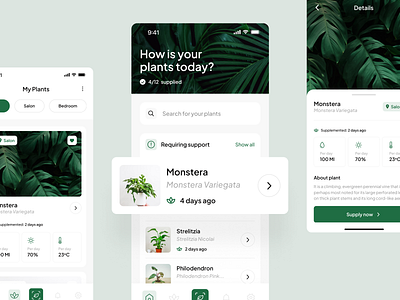 App to manage plants in your home. app design clean dashboard design flowers garden green interface ios iphone14 mobile plant care plants product design ui ux watering