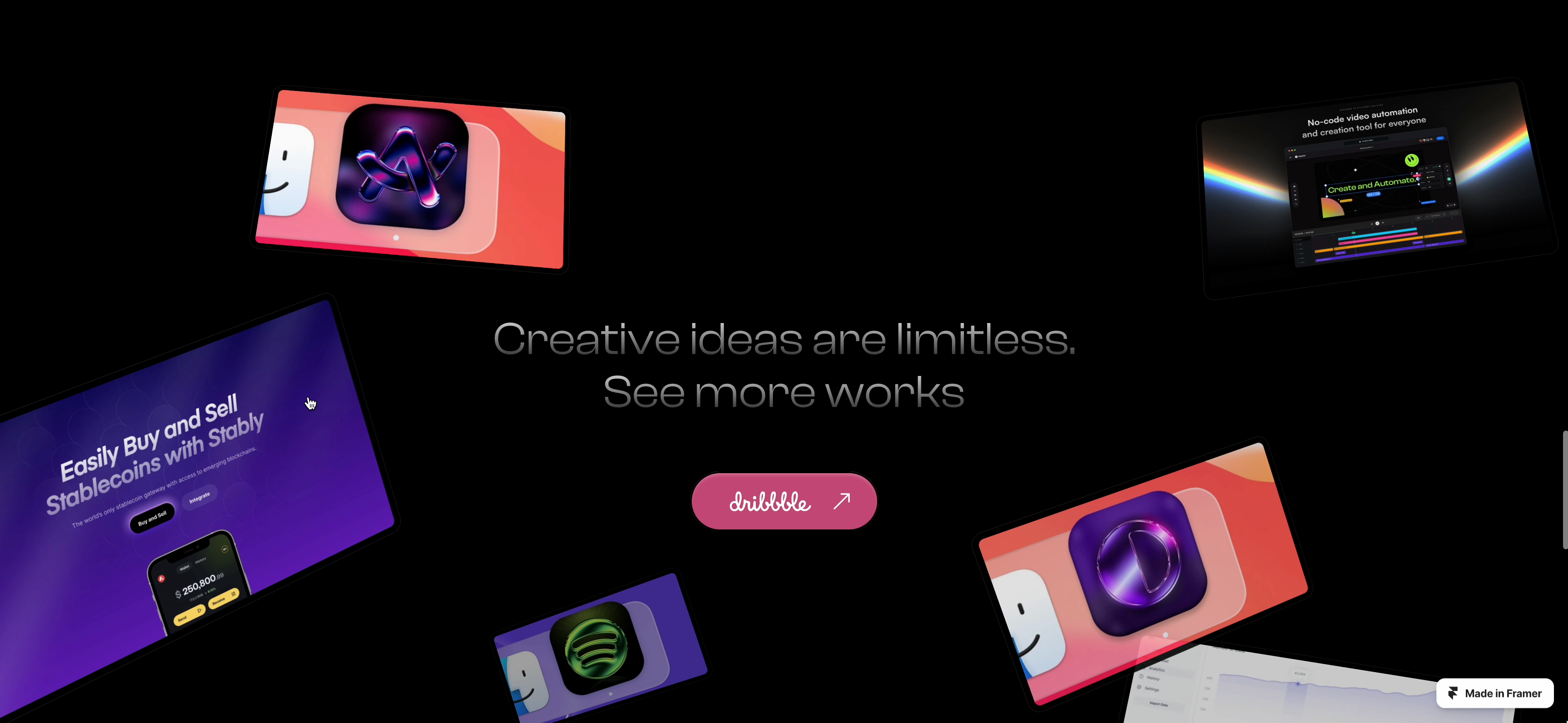 Spark Framer Portfolio Template — Showcase animation dark mode dark ui dribbble framer gradient interaction motion no code personal website perspective portfolio shiny showcase webflow