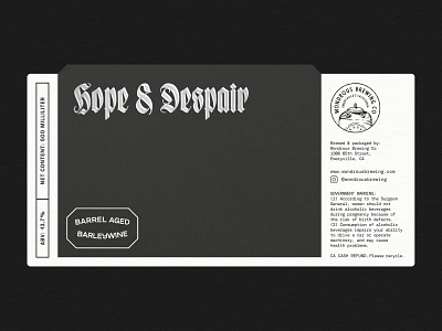 Hope & Despair barleywine barrel aged barleywine beer branding beer label blackletter typography branding custom diecut emeryville fraktur graphic design klostro typeface logo type typography wondrous brewing co