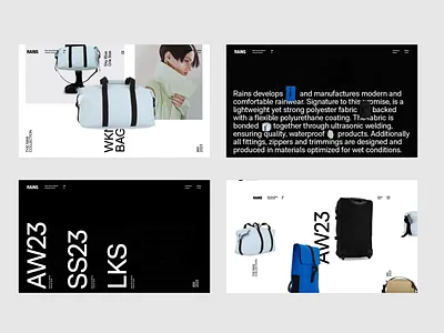 Rains Launch Website WIP 3d animation clothing design gallery menu minimal mp4 navigation photography sans serif type typography ui ux video website