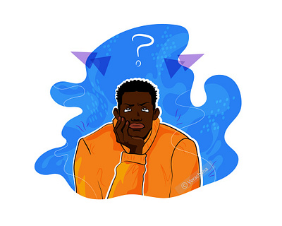 Black man deep in thought, in doubt black man black person brainstorm confused decision making design doubt doubtful doubts expression hand drawn illustration lost pensive problem question scattered solving thoughtful waves