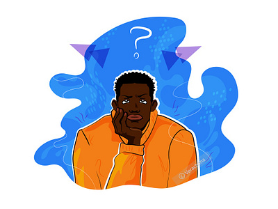 Black man deep in thought, in doubt black man black person brainstorm confused decision making design doubt doubtful doubts expression hand drawn illustration lost pensive problem question scattered solving thoughtful waves