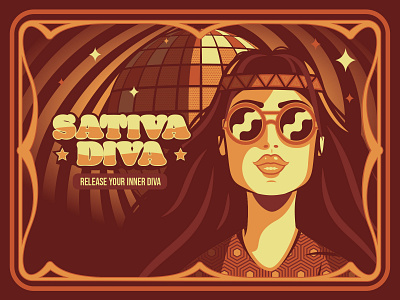 Sativa Diva 🪩 🛼 1970 70s branding california cannabis disco female graphic design groovy illustration jeffrey dirkse logo marijuana poster psychedelic retro thc vector visual identity weed