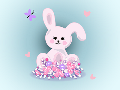 Cute bunny in flowers animals bouquet butterfly charming cute fluffy graphic design hearts illustration logo postcard rabbit typography vector цветы