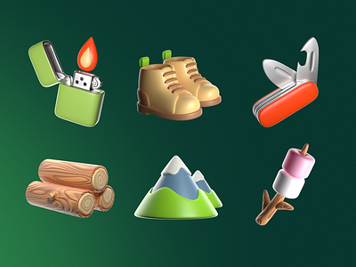 3D Icon Set — Camping and Travel 3d art boots branding forest green icon icons illustration knife lighter marshmallow mounts object set tourism travel ui wood zipa