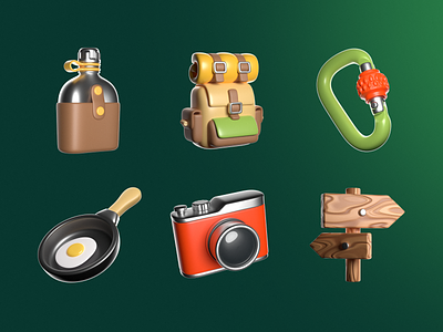 3D Icon Set — Camping and Travel 3d arrow backpack bottle branding camera camping cook egg forest fried illustration mounts object pan tourism travel ui web wood
