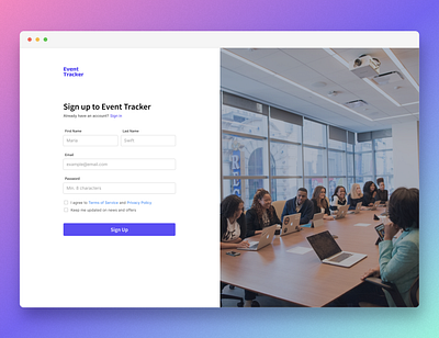 Sign Up Page 2 column layout button checkmark conference dailyui event form input field layout meeting sign up sign up form terms and condition ui