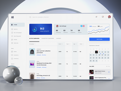 Influencer marketing dashboard calendar campaigns chart dashboard desktop influencer marketing panel posts profile rating ui ux web