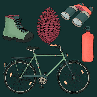 Camping set Illustration 02 bike binoculars camping ecology ecotourism editorial forest green hike hiking holiday illustration lifestyle mountain natural nature orange pinecone summer travel