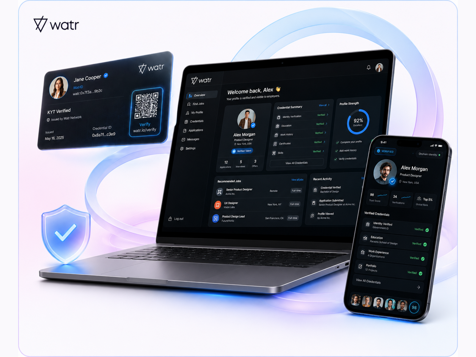 WATR — Verified Talent Network bento layout blockchain credential verification dark saas dashboard design desktop app digital identity glassmorphism hiring platform on chain verification recruitment app saas design talent platform trust platform ui design verified credentials wallet connect web app design web3 web3 hiring