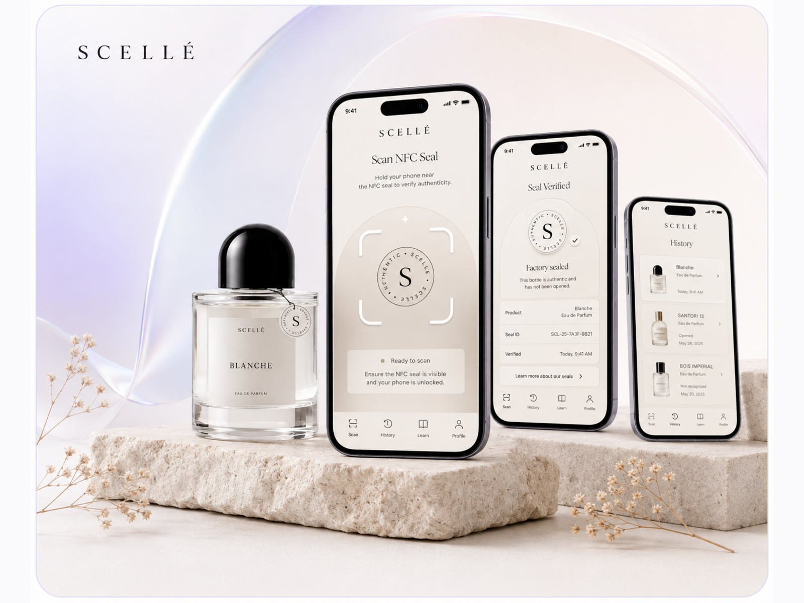 SCELLÉ — NFC Seal Verification for Fragrance app design authenticity app brand identity case study clean ui editorial design fragrance app luxury app luxury branding minimal ui mobile app design nfc app perfume app premium ui product authentication product design seal verification soft ui ui design ux design