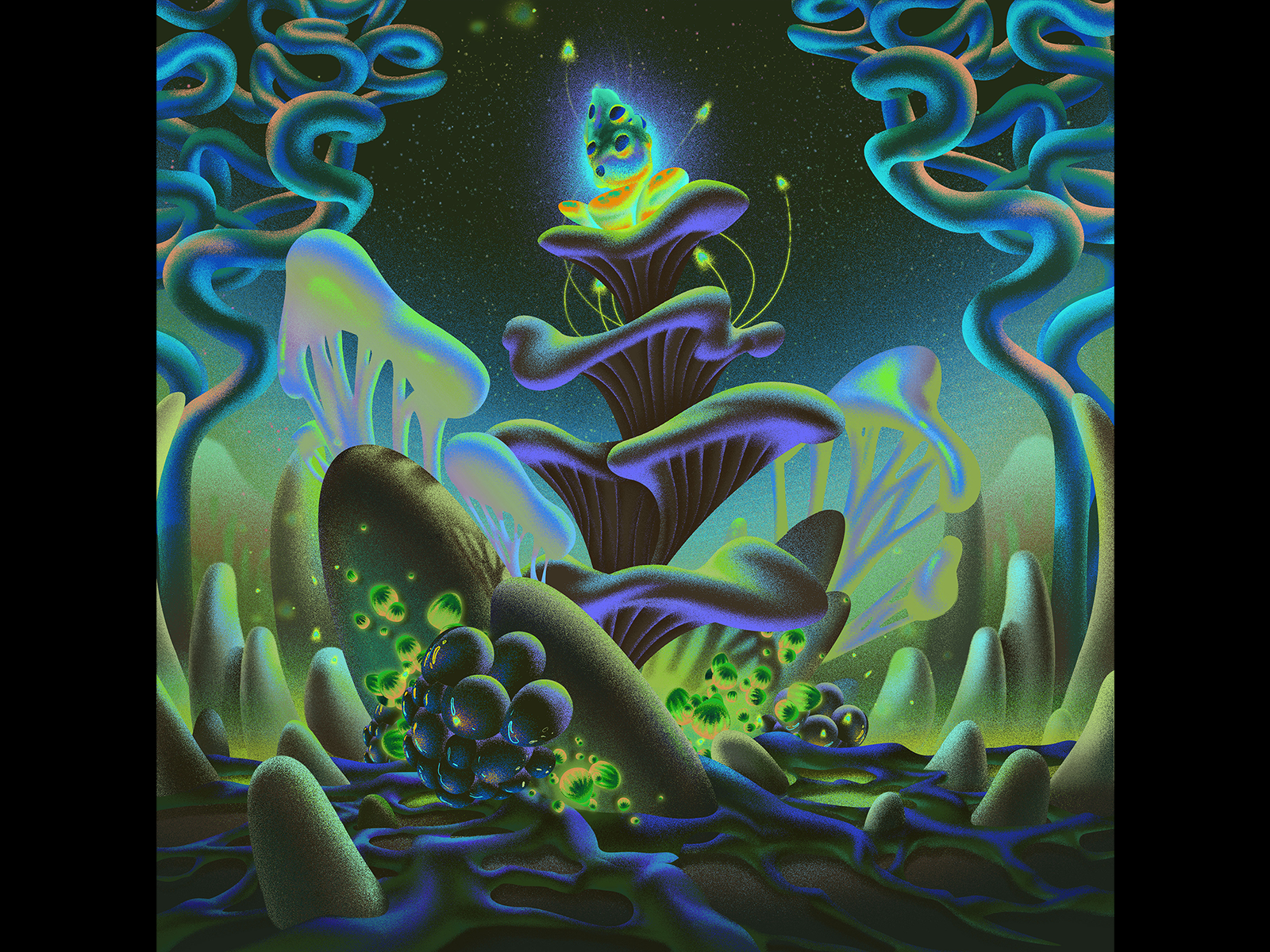 Liquid Planta Seeds artwork chrome cosmos dribbble flower forest green hello hellodribbble hill illustration mushroom music neon planet plant psychedelic sci fi tree
