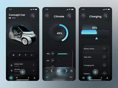 Electric concept car App UI: Dark Neumorphism app concept graphic design neumorphism ui ux