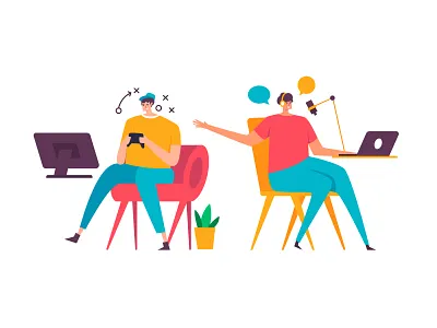 Gaming and Podcast Activity Illustrations activity branding console creator flat gamer gaming illustration illustrator man men podcast tech ui ux vector