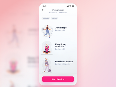 Health and Wellness Exercise Session UI app colors design exercise fitness health hinge illustration interaction design mobile physical pink positive therapy ui ux wellness