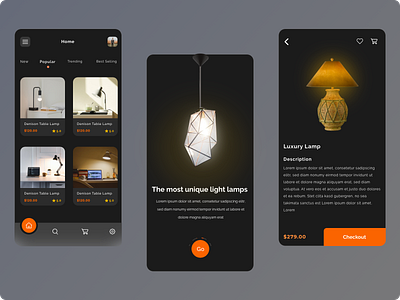 Ecommerce app branding checkout clean dark design ecommerce graphic design home illustration lamp light logo product theme typography ui ux vector