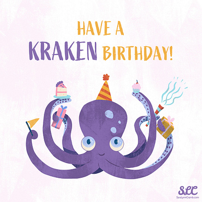 Octopus birthday card adobe fresco animals art licensing birthday celebration illustration kidlitart kraken licensing nautical ocean octopus party purple