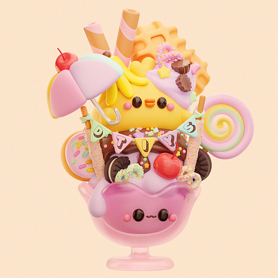 Low-poly 3D Render: Ice Cream Sundae x Chickadee 3d animation design graphic design illustration