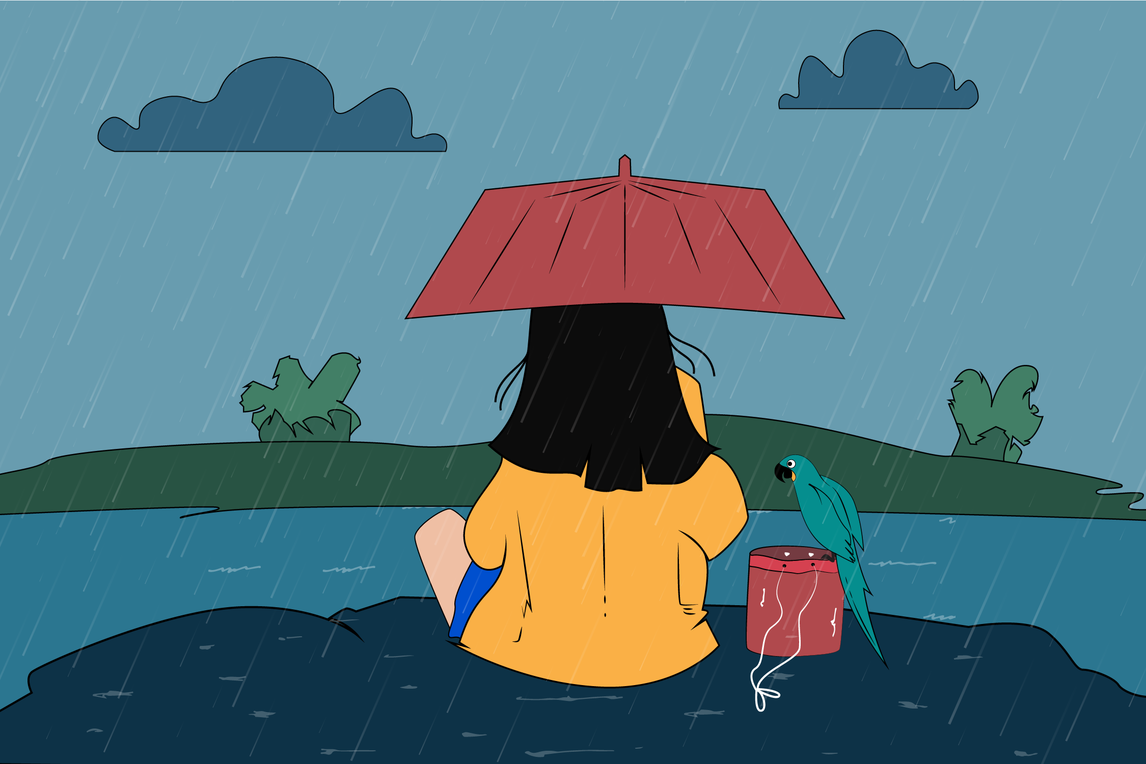 Peaceful Rainy Day: Flat Illustration of a Girl by the River color palette composition creative process digital art flat design graphic design illustration minimalism vector art