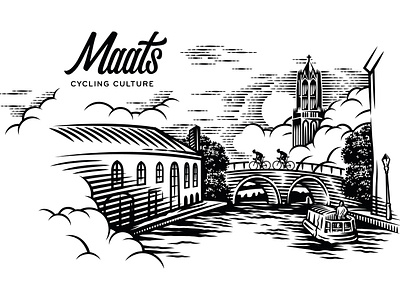 Maats cycling culture mural. bicycle bike bridge church cityscape clouds cycle cycling etching handpainted utrecht