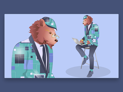 Bear programmer. Digital illustration for advertising animation character