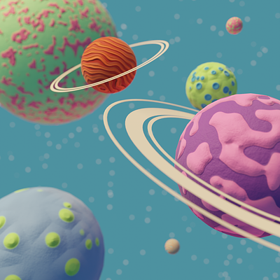 Cartoon space scene 3d blue cartoon cute funny green kawaii pink planets red turquoise yellow