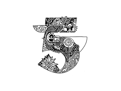 Whalphabet #32 | Number 5 | Puzzle 36 days of type 5 art black white blockchain design dinosaurs doodle ethereum graphic design illustration lettering logo number 5 sun whale