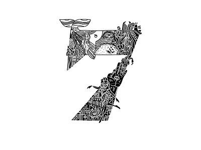 Whalphabet #34 | Number 7 | Dragon 36 days of type 7 art black white blockchain dance design doodle dragon ethereum graphic design hand illustration lettering logo nft number 7 scream web3 whale